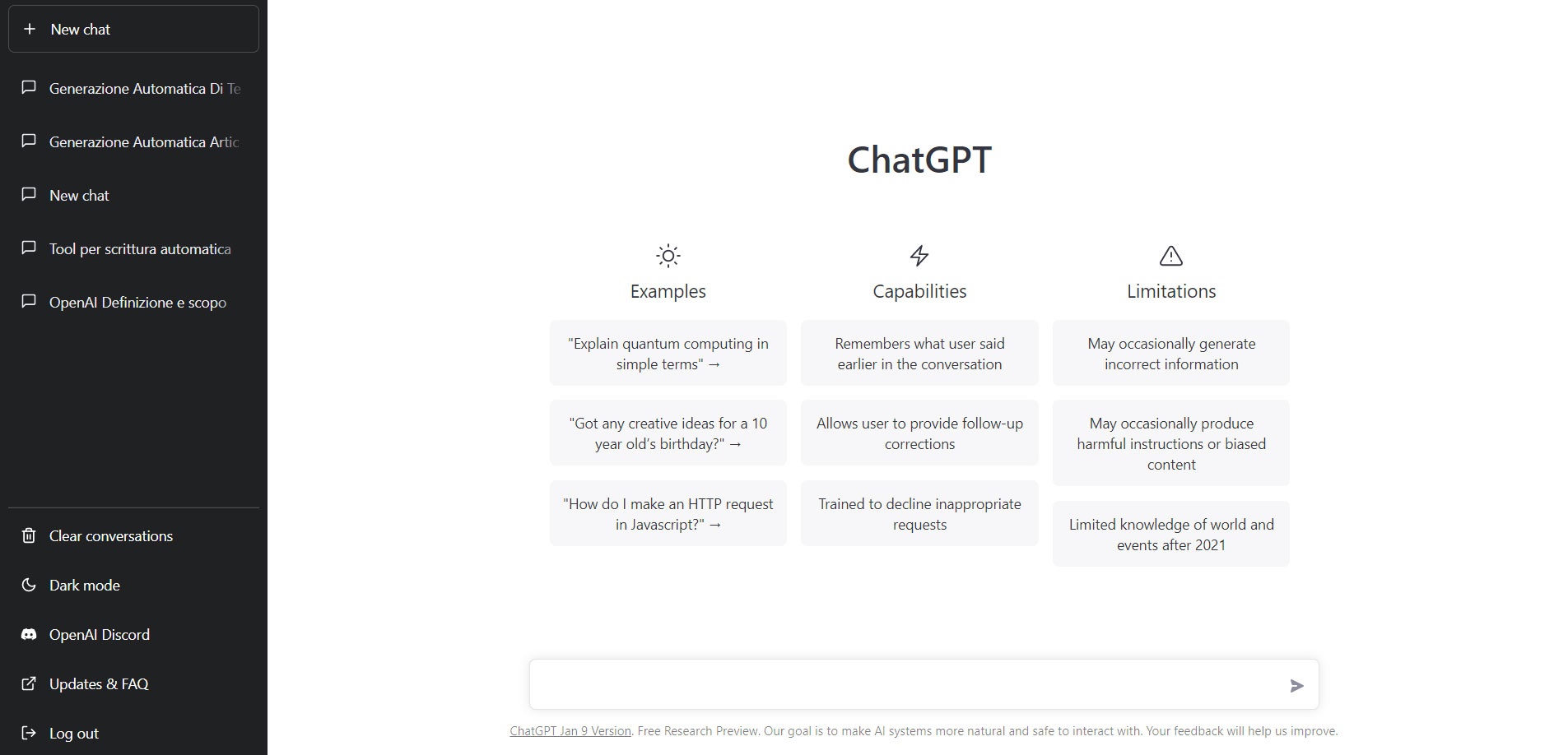 Chat GPT - Schermata iniziale